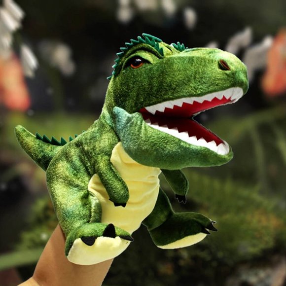 Dinosaur T-Rex Plush Hand Puppet - Cartoon Style, 12", Green, Mouth Movement - Picture 1 of 11